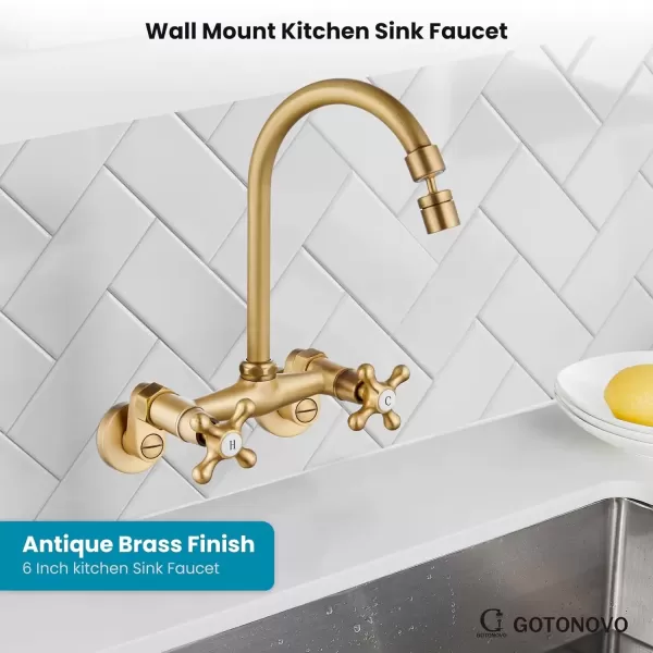 imagegotonovo Antique Brass Wall Mount Kitchen Sink Faucet 6 Inch Center Adjustable Hole Distance with Swing Arms adpater Mixer Tap 360 Degree Swivel Spout Double Cross HandleAntique Brass