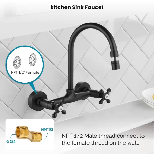 imagegotonovo Antique Brass Wall Mount Kitchen Sink Faucet 6 Inch Center Adjustable Hole Distance with Swing Arms adpater Mixer Tap 360 Degree Swivel Spout Double Cross HandleMatte Black
