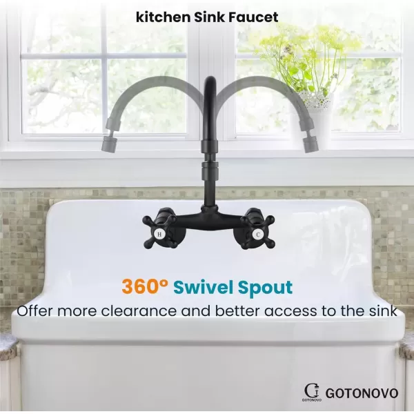 imagegotonovo Antique Brass Wall Mount Kitchen Sink Faucet 6 Inch Center Adjustable Hole Distance with Swing Arms adpater Mixer Tap 360 Degree Swivel Spout Double Cross HandleMatte Black