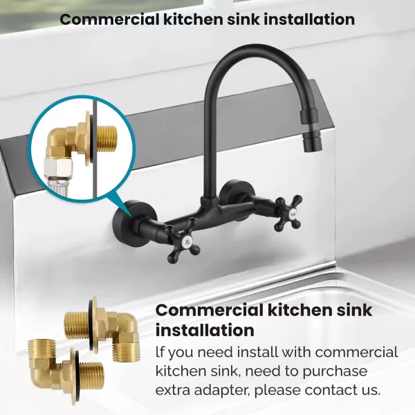 imagegotonovo Antique Brass Wall Mount Kitchen Sink Faucet 6 Inch Center Adjustable Hole Distance with Swing Arms adpater Mixer Tap 360 Degree Swivel Spout Double Cross HandleMatte Black
