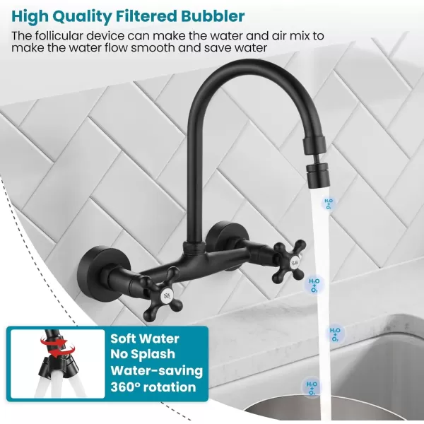 imagegotonovo Antique Brass Wall Mount Kitchen Sink Faucet 6 Inch Center Adjustable Hole Distance with Swing Arms adpater Mixer Tap 360 Degree Swivel Spout Double Cross HandleMatte Black