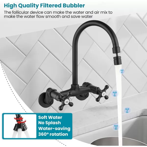 imagegotonovo Antique Brass Wall Mount Kitchen Sink Faucet 6 Inch Center Adjustable Hole Distance with Swing Arms adpater Mixer Tap 360 Degree Swivel Spout Double Cross HandleMatte Black