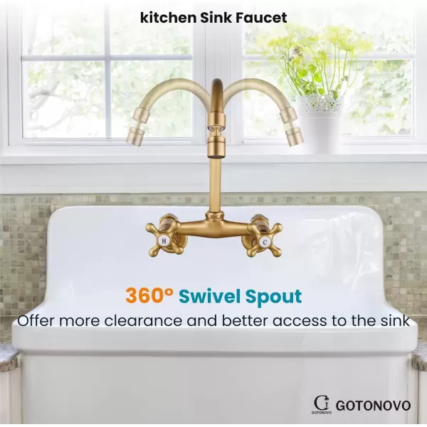 imagegotonovo Antique Brass Wall Mount Kitchen Sink Faucet 6 Inch Center Adjustable Hole Distance with Swing Arms adpater Mixer Tap 360 Degree Swivel Spout Double Cross HandleAntique Brass