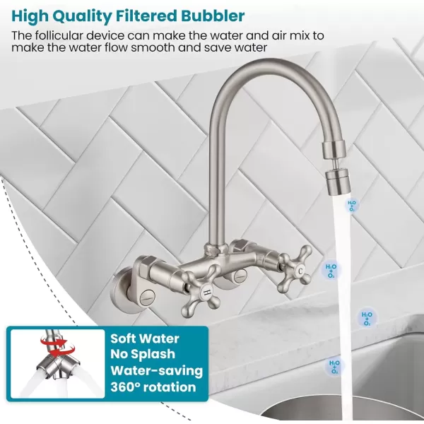 imagegotonovo Antique Brass Wall Mount Kitchen Sink Faucet 6 Inch Center Adjustable Hole Distance with Swing Arms adpater Mixer Tap 360 Degree Swivel Spout Double Cross HandleBrushed Nickel