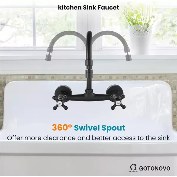 imagegotonovo Antique Brass Wall Mount Kitchen Sink Faucet 6 Inch Center Adjustable Hole Distance with Swing Arms adpater Mixer Tap 360 Degree Swivel Spout Double Cross HandleMatte Black