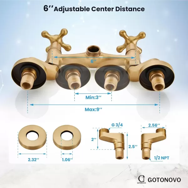 imagegotonovo Antique Brass Wall Mount Kitchen Sink Faucet 6 Inch Center Adjustable Hole Distance with Swing Arms adpater Mixer Tap 360 Degree Swivel Spout Double Cross HandleAntique Brass