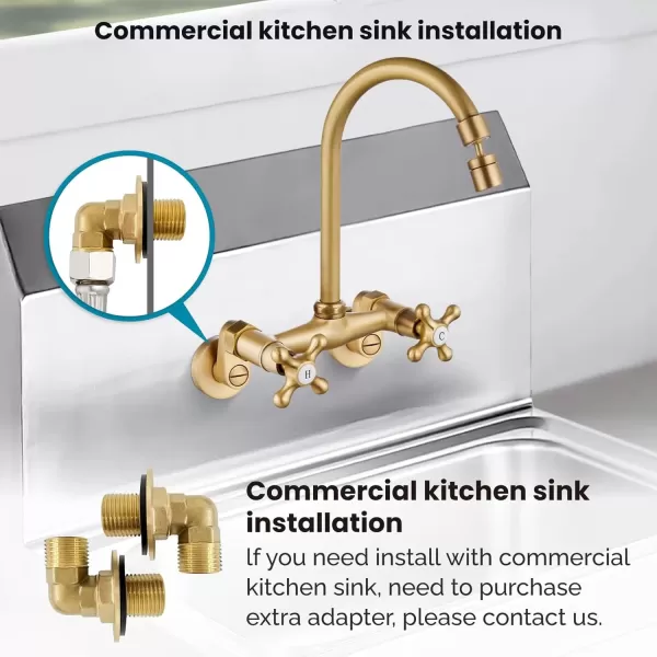 imagegotonovo Antique Brass Wall Mount Kitchen Sink Faucet 6 Inch Center Adjustable Hole Distance with Swing Arms adpater Mixer Tap 360 Degree Swivel Spout Double Cross HandleAntique Brass