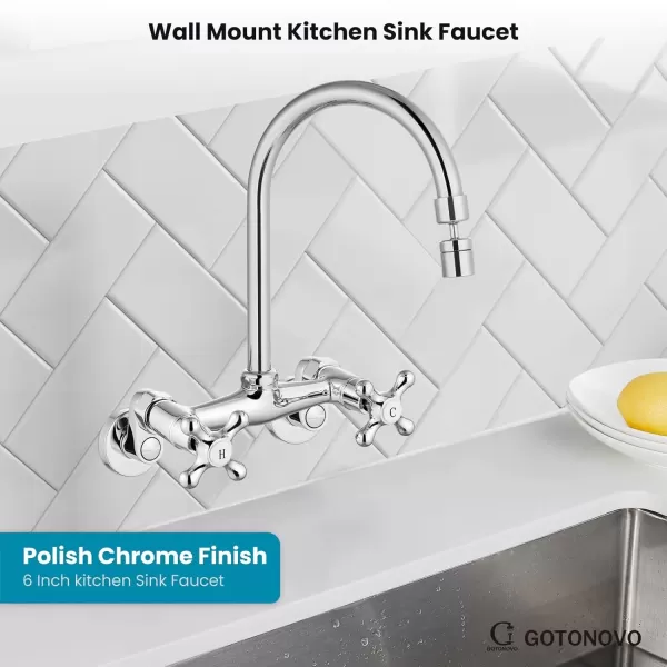 imagegotonovo Antique Brass Wall Mount Kitchen Sink Faucet 6 Inch Center Adjustable Hole Distance with Swing Arms adpater Mixer Tap 360 Degree Swivel Spout Double Cross HandlePolish Chrome