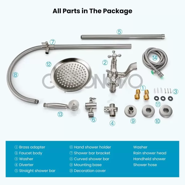 imagegotonovo Bathroom Classic Exposed Shower Faucet Wall Mount Shower System 8 Inch Luxurious Rainfall Shower Head Set with Tub Spout and Handheld Spray Double Cross Handles Brushed NickelBrushed Nickel