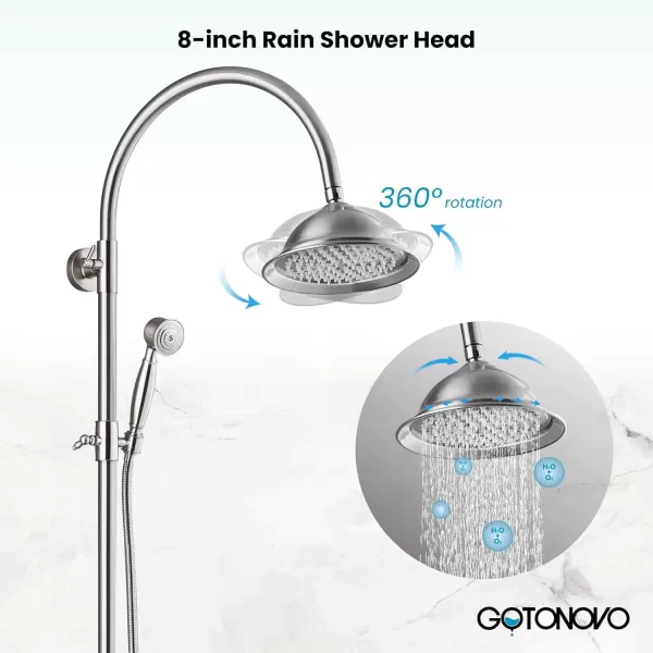 imagegotonovo Bathroom Classic Exposed Shower Faucet Wall Mount Shower System 8 Inch Luxurious Rainfall Shower Head Set with Tub Spout and Handheld Spray Double Cross Handles Brushed NickelBrushed Nickel