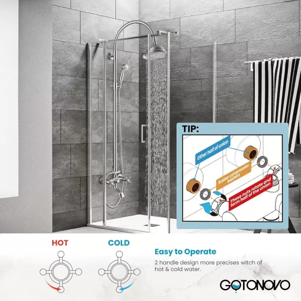 imagegotonovo Bathroom Classic Exposed Shower Faucet Wall Mount Shower System 8 Inch Luxurious Rainfall Shower Head Set with Tub Spout and Handheld Spray Double Cross Handles Brushed NickelBrushed Nickel