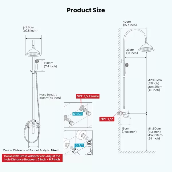 imagegotonovo Bathroom Classic Exposed Shower Faucet Wall Mount Shower System 8 Inch Luxurious Rainfall Shower Head Set with Tub Spout and Handheld Spray Double Cross Handles Brushed NickelBrushed Nickel