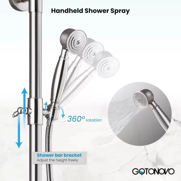 imagegotonovo Bathroom Classic Exposed Shower Faucet Wall Mount Shower System 8 Inch Luxurious Rainfall Shower Head Set with Tub Spout and Handheld Spray Double Cross Handles Brushed NickelBrushed Nickel