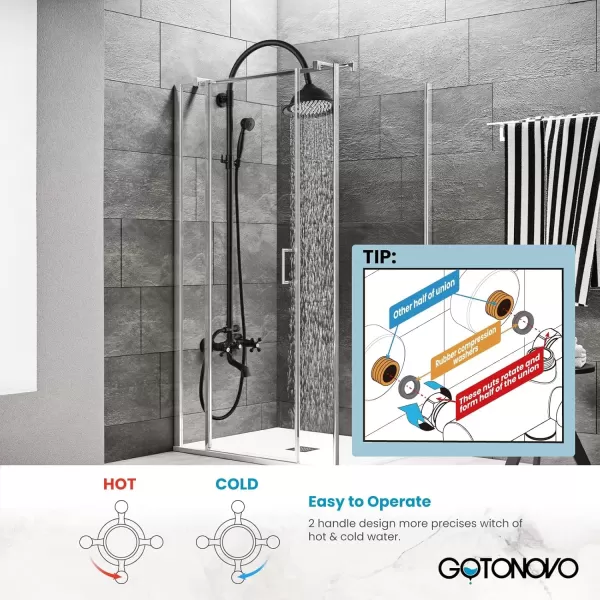imagegotonovo Bathroom Classic Exposed Shower Faucet Wall Mount Shower System 8 Inch Luxurious Rainfall Shower Head Set with Tub Spout and Handheld Spray Double Cross Handles Brushed NickelMatte Black