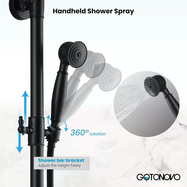 imagegotonovo Bathroom Classic Exposed Shower Faucet Wall Mount Shower System 8 Inch Luxurious Rainfall Shower Head Set with Tub Spout and Handheld Spray Double Cross Handles Brushed NickelMatte Black