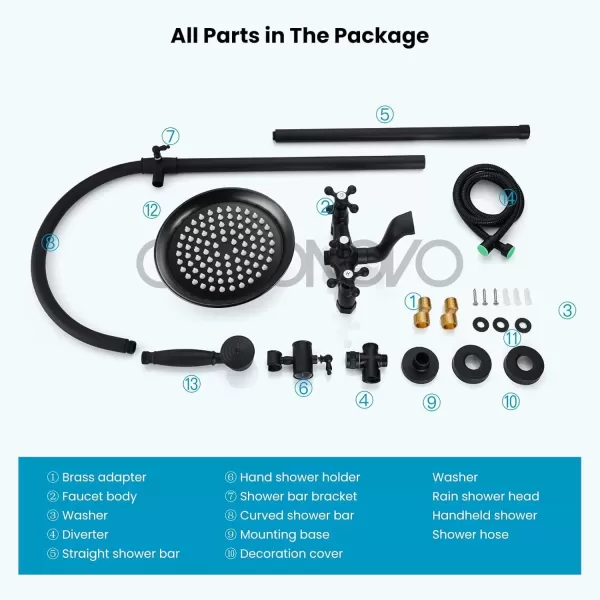 imagegotonovo Bathroom Classic Exposed Shower Faucet Wall Mount Shower System 8 Inch Luxurious Rainfall Shower Head Set with Tub Spout and Handheld Spray Double Cross Handles Brushed NickelMatte Black