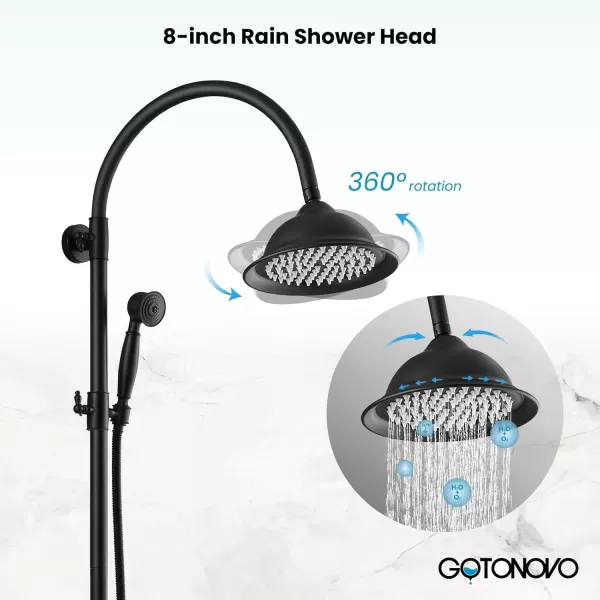 imagegotonovo Bathroom Classic Exposed Shower Faucet Wall Mount Shower System 8 Inch Luxurious Rainfall Shower Head Set with Tub Spout and Handheld Spray Double Cross Handles Brushed NickelMatte Black