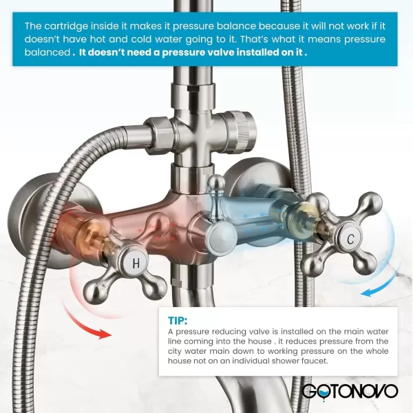 imagegotonovo Bathroom Classic Exposed Shower Faucet Wall Mount Shower System 8 Inch Luxurious Rainfall Shower Head Set with Tub Spout and Handheld Spray Double Cross Handles Brushed NickelBrushed Nickel