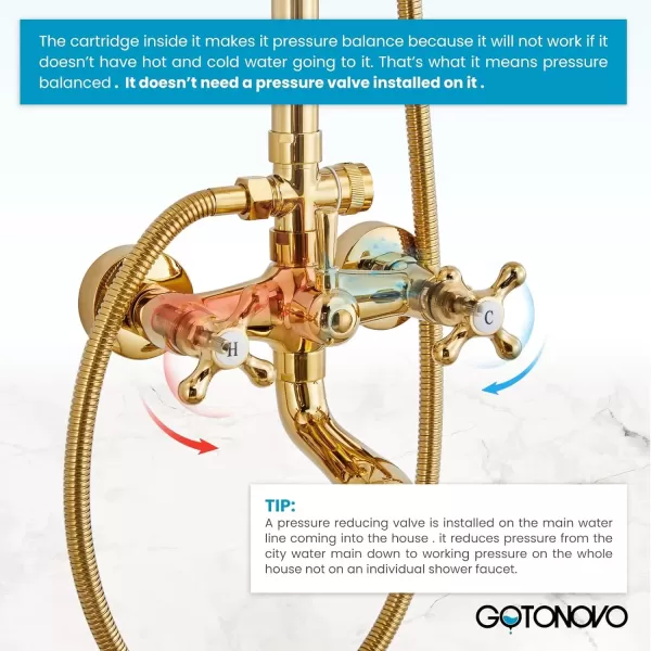 imagegotonovo Bathroom Exposed Shower Faucet Outdoor Shower System 8 Inch Rainfall Shower Head Set with Tub Spout and Handheld Spray Double Cross Handles Wall Mount without Shower Shelf Polished GoldPolished Gold
