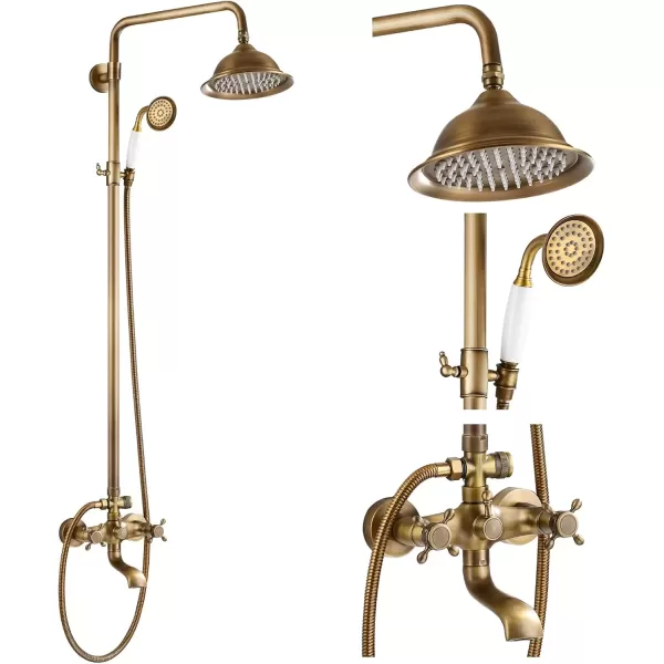 imagegotonovo Bathroom Exposed Shower Faucet Outdoor Shower System 8 Inch Rainfall Shower Head Set with Tub Spout and Handheld Spray Double Cross Handles Wall Mount without Shower Shelf Polished GoldAntique Brass