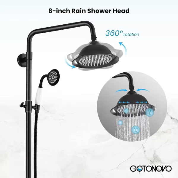imagegotonovo Bathroom Exposed Shower Faucet Outdoor Shower System 8 Inch Rainfall Shower Head Set with Tub Spout and Handheld Spray Double Cross Handles Wall Mount without Shower Shelf Polished GoldOil Rubbed Bronze