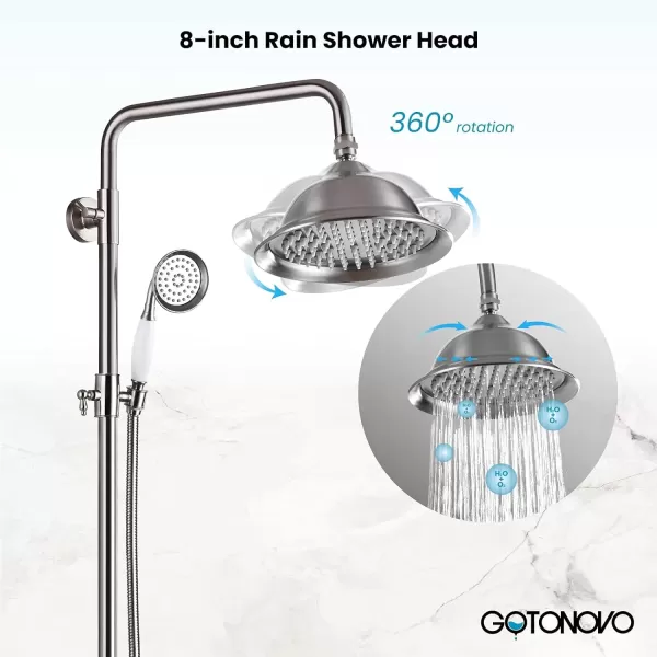 imagegotonovo Bathroom Exposed Shower Faucet Outdoor Shower System 8 Inch Rainfall Shower Head Set with Tub Spout and Handheld Spray Double Cross Handles Wall Mount without Shower Shelf Polished GoldBrushed Nickel