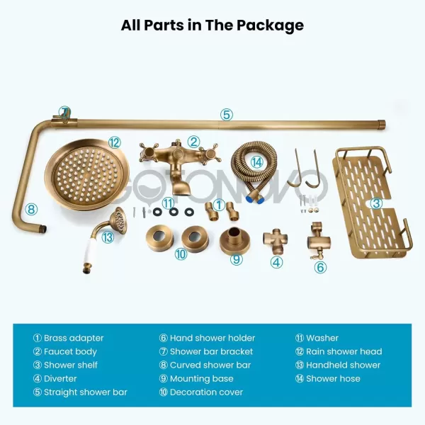 imagegotonovo Bathroom Exposed Shower Faucet Outdoor Shower System 8 Inch Rainfall Shower Head Set with Tub Spout and Handheld Spray Double Cross Handles Wall Mount without Shower Shelf Polished GoldAntique Brass