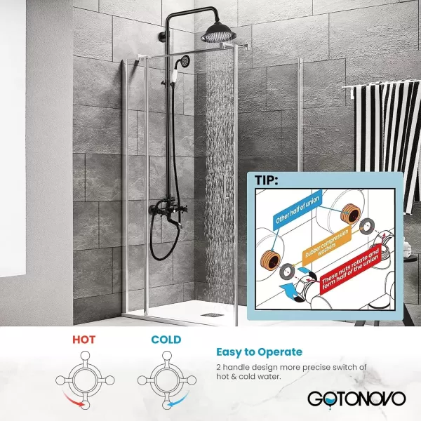 imagegotonovo Bathroom Exposed Shower Faucet Outdoor Shower System 8 Inch Rainfall Shower Head Set with Tub Spout and Handheld Spray Double Cross Handles Wall Mount without Shower Shelf Polished GoldOil Rubbed Bronze