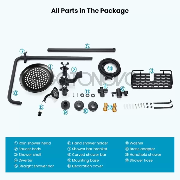 imagegotonovo Bathroom Exposed Shower Faucet Outdoor Shower System 8 Inch Rainfall Shower Head Set with Tub Spout and Handheld Spray Double Cross Handles Wall Mount without Shower Shelf Polished GoldMatte Black