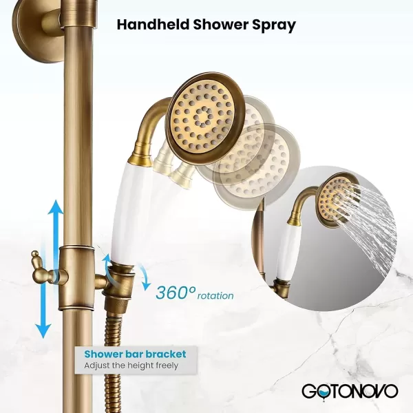 imagegotonovo Bathroom Exposed Shower Faucet Outdoor Shower System 8 Inch Rainfall Shower Head Set with Tub Spout and Handheld Spray Double Cross Handles Wall Mount without Shower Shelf Polished GoldAntique Brass