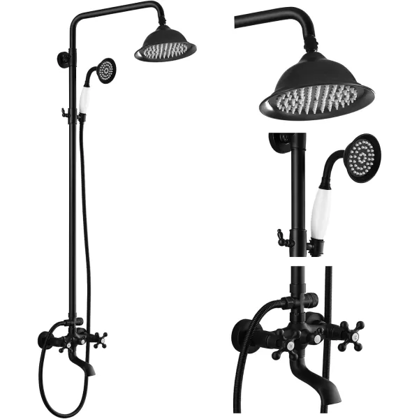 imagegotonovo Bathroom Exposed Shower Faucet Outdoor Shower System 8 Inch Rainfall Shower Head Set with Tub Spout and Handheld Spray Double Cross Handles Wall Mount without Shower Shelf Polished GoldMatte Black