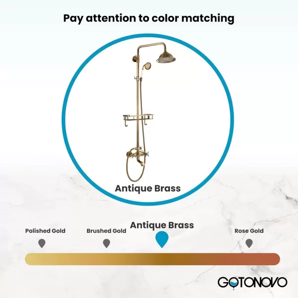 imagegotonovo Bathroom Exposed Shower Faucet Outdoor Shower System 8 Inch Rainfall Shower Head Set with Tub Spout and Handheld Spray Double Cross Handles Wall Mount without Shower Shelf Polished GoldAntique Brass