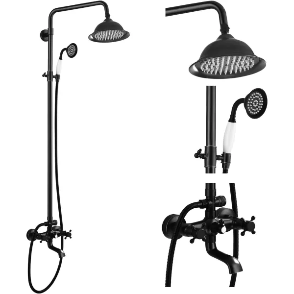 imagegotonovo Bathroom Exposed Shower Faucet Outdoor Shower System 8 Inch Rainfall Shower Head Set with Tub Spout and Handheld Spray Double Cross Handles Wall Mount without Shower Shelf Polished GoldOil Rubbed Bronze