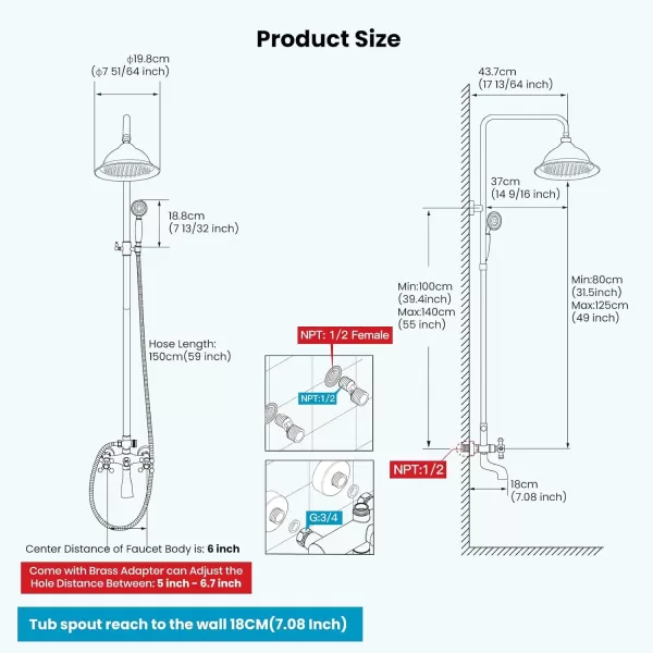 imagegotonovo Bathroom Exposed Shower Faucet Outdoor Shower System 8 Inch Rainfall Shower Head Set with Tub Spout and Handheld Spray Double Cross Handles Wall Mount without Shower Shelf Polished GoldPolished Gold