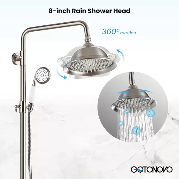 imagegotonovo Bathroom Exposed Shower Faucet Outdoor Shower System 8 Inch Rainfall Shower Head Set with Tub Spout and Handheld Spray Double Cross Handles Wall Mount without Shower Shelf Polished GoldBrushed Nickel