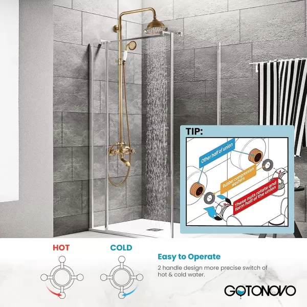 imagegotonovo Bathroom Exposed Shower Faucet Outdoor Shower System 8 Inch Rainfall Shower Head Set with Tub Spout and Handheld Spray Double Cross Handles Wall Mount without Shower Shelf Polished GoldAntique Brass