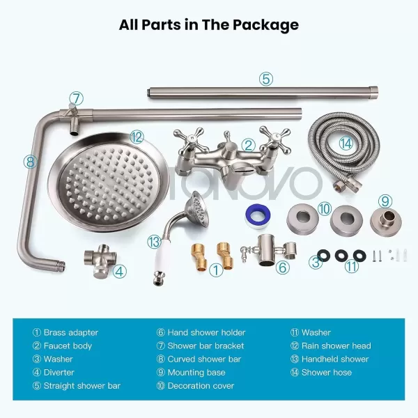 imagegotonovo Bathroom Exposed Shower Faucet Outdoor Shower System 8 Inch Rainfall Shower Head Set with Tub Spout and Handheld Spray Double Cross Handles Wall Mount without Shower Shelf Polished GoldBrushed Nickel