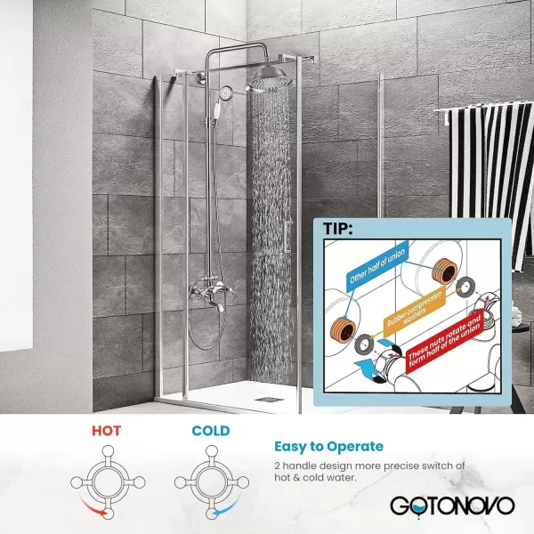 imagegotonovo Bathroom Exposed Shower Faucet Outdoor Shower System 8 Inch Rainfall Shower Head Set with Tub Spout and Handheld Spray Double Cross Handles Wall Mount without Shower Shelf Polished GoldBrushed Nickel