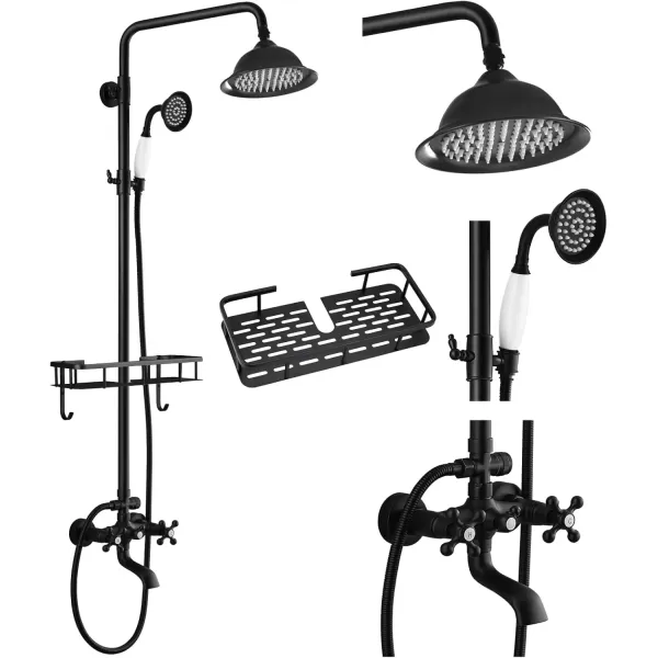 imagegotonovo Bathroom Exposed Shower Faucet Outdoor Shower System 8 Inch Rainfall Shower Head Set with Tub Spout and Handheld Spray Double Cross Handles Wall Mount without Shower Shelf Polished GoldMatte Black