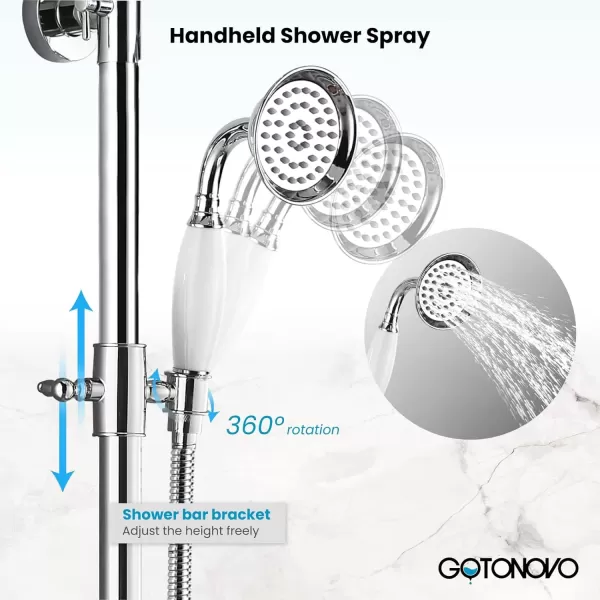 imagegotonovo Bathroom Exposed Shower Faucet Outdoor Shower System 8 Inch Rainfall Shower Head Set with Tub Spout and Handheld Spray Double Cross Handles Wall Mount without Shower Shelf Polished GoldPolished Chrome