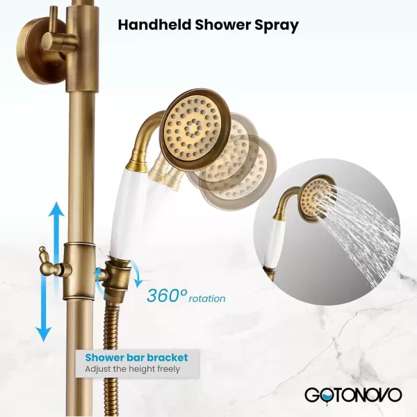 imagegotonovo Bathroom Exposed Shower Faucet Outdoor Shower System 8 Inch Rainfall Shower Head Set with Tub Spout and Handheld Spray Double Cross Handles Wall Mount without Shower Shelf Polished GoldAntique Brass