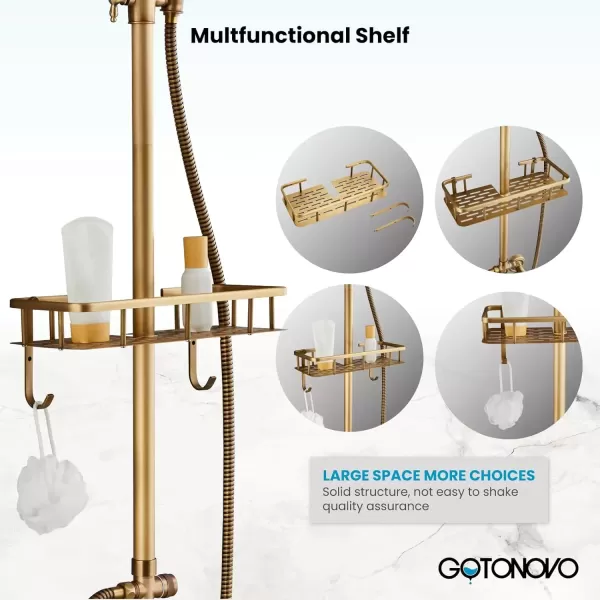 imagegotonovo Bathroom Exposed Shower Faucet Outdoor Shower System 8 Inch Rainfall Shower Head Set with Tub Spout and Handheld Spray Double Cross Handles Wall Mount without Shower Shelf Polished GoldAntique Brass