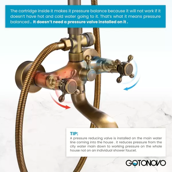 imagegotonovo Bathroom Exposed Shower Faucet Outdoor Shower System 8 Inch Rainfall Shower Head Set with Tub Spout and Handheld Spray Double Cross Handles Wall Mount without Shower Shelf Polished GoldAntique Brass
