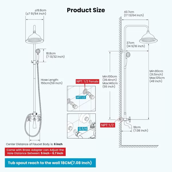 imagegotonovo Bathroom Exposed Shower Faucet Outdoor Shower System 8 Inch Rainfall Shower Head Set with Tub Spout and Handheld Spray Double Cross Handles Wall Mount without Shower Shelf Polished GoldAntique Brass