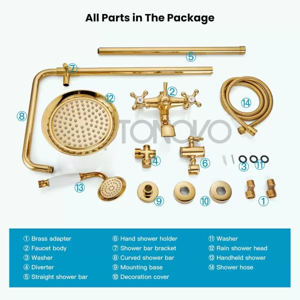 imagegotonovo Bathroom Exposed Shower Faucet Outdoor Shower System 8 Inch Rainfall Shower Head Set with Tub Spout and Handheld Spray Double Cross Handles Wall Mount without Shower Shelf Polished GoldPolished Gold