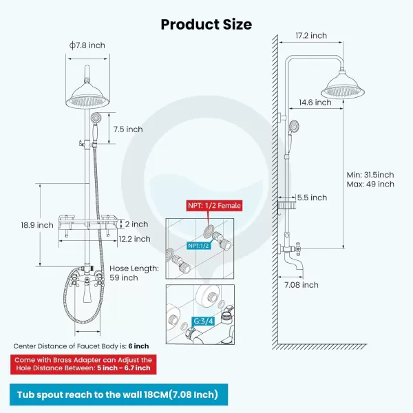 imagegotonovo Bathroom Exposed Shower Faucet Outdoor Shower System 8 Inch Rainfall Shower Head Set with Tub Spout and Handheld Spray Double Cross Handles Wall Mount without Shower Shelf Polished GoldAntique Brass