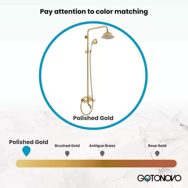 imagegotonovo Bathroom Exposed Shower Faucet Outdoor Shower System 8 Inch Rainfall Shower Head Set with Tub Spout and Handheld Spray Double Cross Handles Wall Mount without Shower Shelf Polished GoldPolished Gold