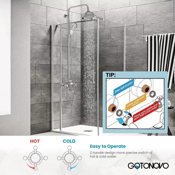 imagegotonovo Bathroom Exposed Shower Faucet Outdoor Shower System 8 Inch Rainfall Shower Head Set with Tub Spout and Handheld Spray Double Cross Handles Wall Mount without Shower Shelf Polished GoldPolished Chrome