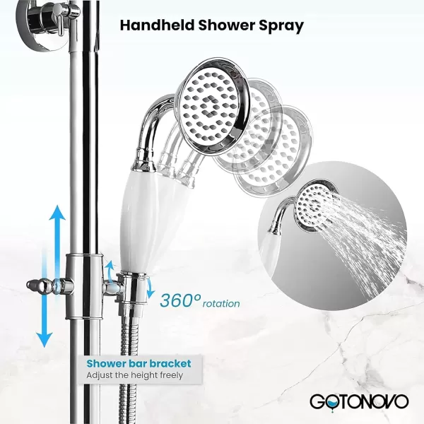 imagegotonovo Bathroom Exposed Shower Faucet Outdoor Shower System 8 Inch Rainfall Shower Head Set with Tub Spout and Handheld Spray Double Cross Handles Wall Mount without Shower Shelf Polished GoldPolished Chrome