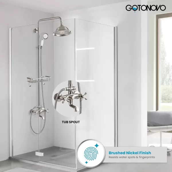 imagegotonovo Bathroom Exposed Shower Faucet Outdoor Shower System 8 Inch Rainfall Shower Head Set with Tub Spout and Handheld Spray Double Cross Handles Wall Mount without Shower Shelf Polished GoldBrushed Nickel